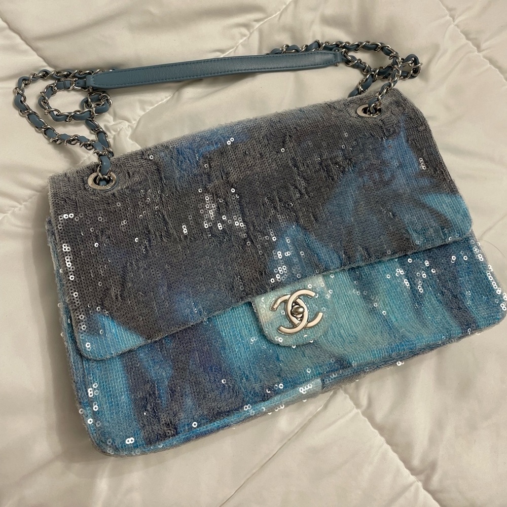 CHANEL limited edition jumbo waterfall sequin blue bag